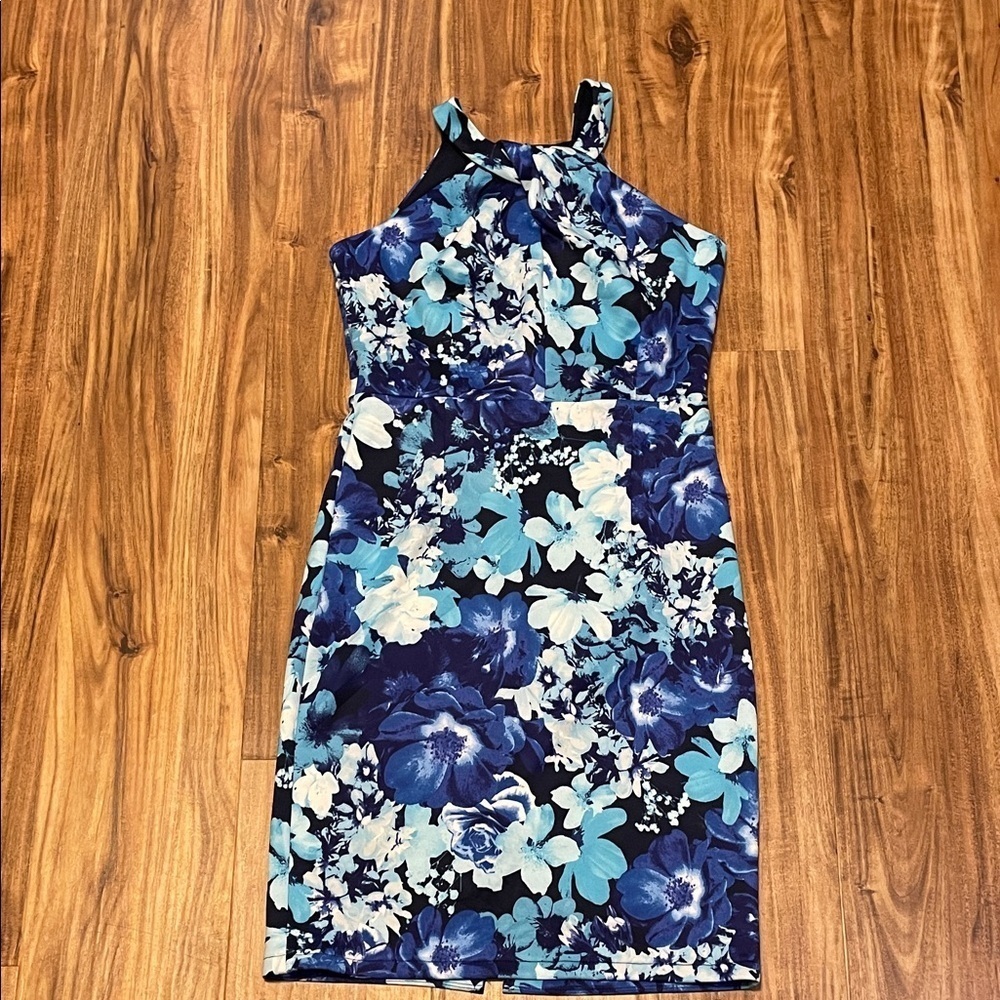 Enfocus women’s dress xs small petite blue White Floral pattern Halter Neck nwt